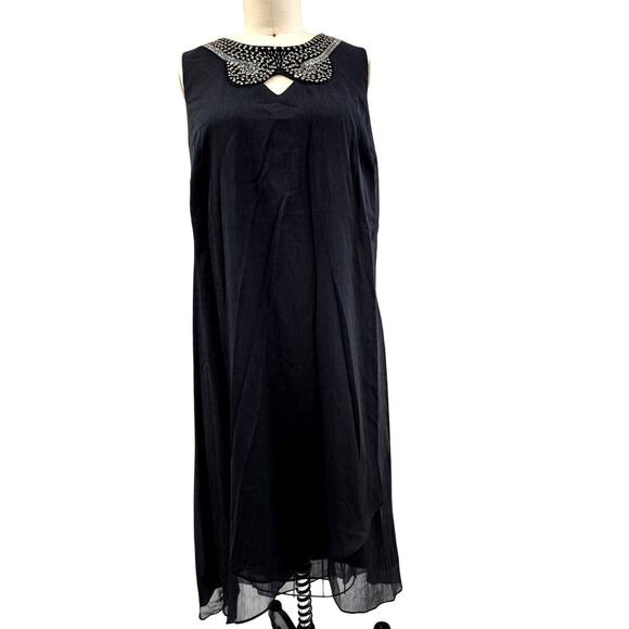NWT Denim 24/7 Polyester Crepe Tiered Shift Dress Beaded Neck Line Black  Sz 14W - Picture 1 of 8